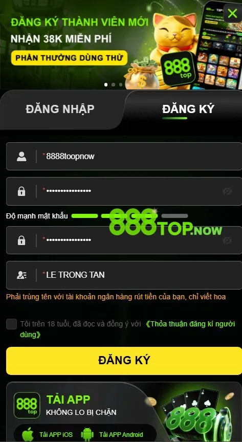 hướng dẫn đăng ký tài khoản 888top