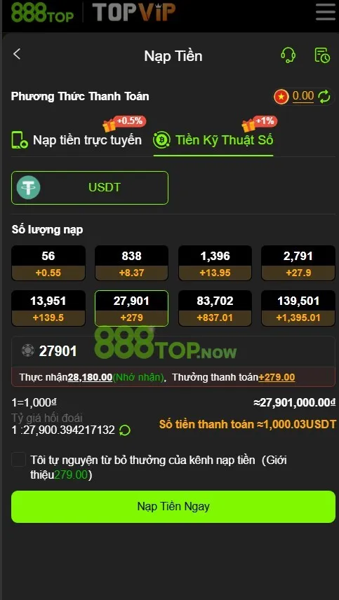 hướng dẫn nạp tiền 888top bằng usdt