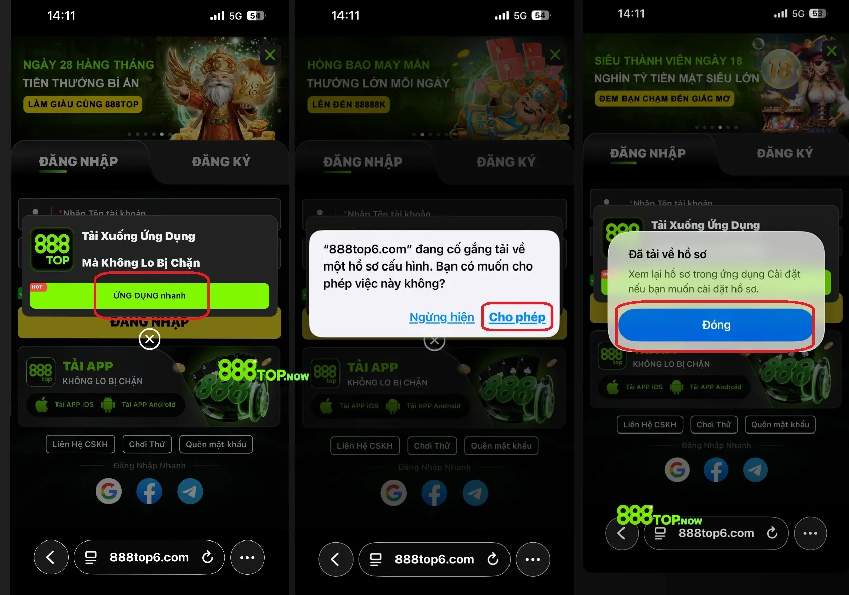 3 bước đầu tải app 888top bản ios